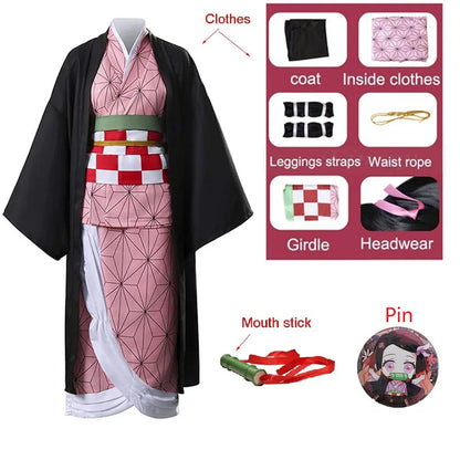 Demon Slayer Nezuko cosplay costume featuring a layered kimono, leggings straps, and headwear accessories