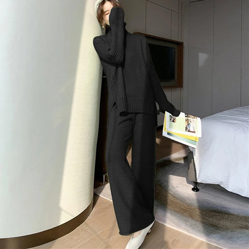 Autumn Winter 2 Pieces Women Sets Knitted Tracksuit 2025 New Turtleneck Sweater and Wide Leg Jogging Pant Pullover Suits