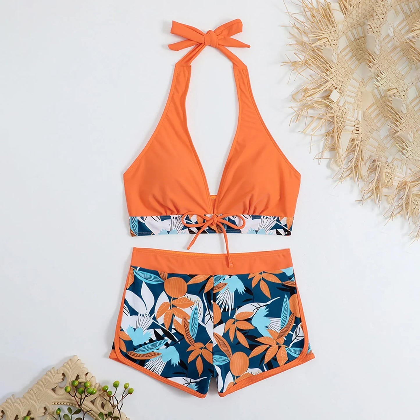 Women's Paneled Printed Swimsuit Ladies Fashion Sexy Split Boxer High Waist Swimsuit Two-Piece Set V-Neck Bathing Suits Female