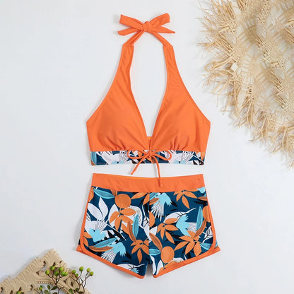 Women's Paneled Printed Swimsuit Ladies Fashion Sexy Split Boxer High Waist Swimsuit Two-Piece Set V-Neck Bathing Suits Female