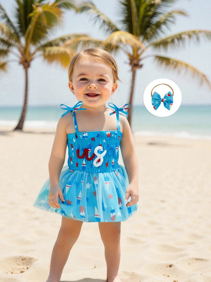 Infant Girls Patriotic Romper Dress with Sleeveless Design Embroidered Letters and Matching Headband for Independence Day