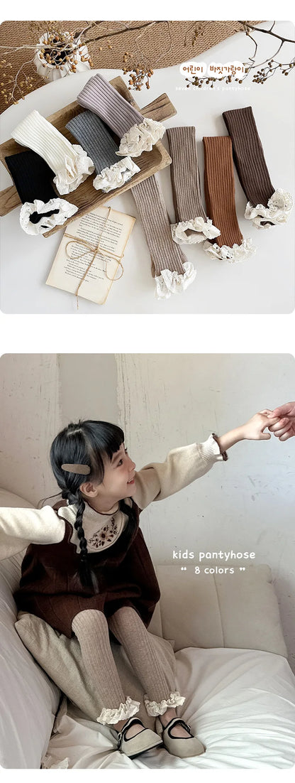 Autumn Baby Girls Leggings Ribbed Pants Cotton Lace Cuff  Toddler Kid Leggings Striped Casual Pants Kids Outfits Trousers