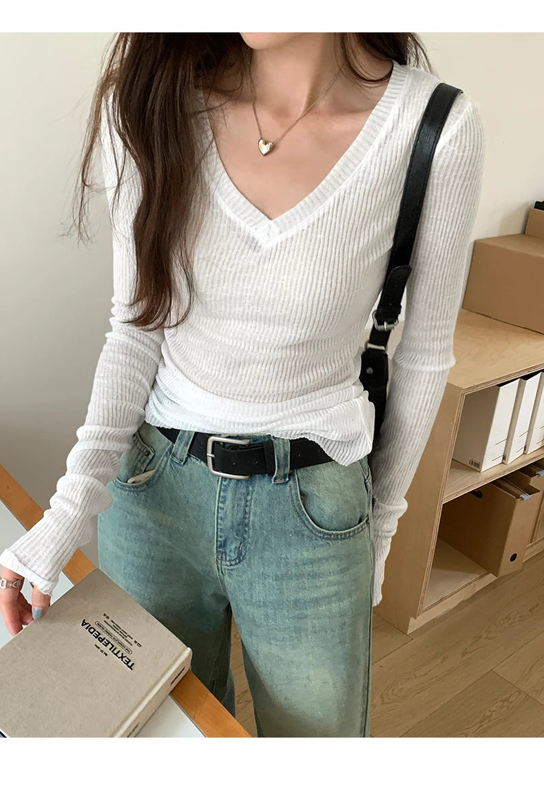 Autumn Sexy Classic V-neck Knitted Female T-shirts New Elastic Fashion Slim Simple Casual Pure Color Long Sleeves Women T-shirts