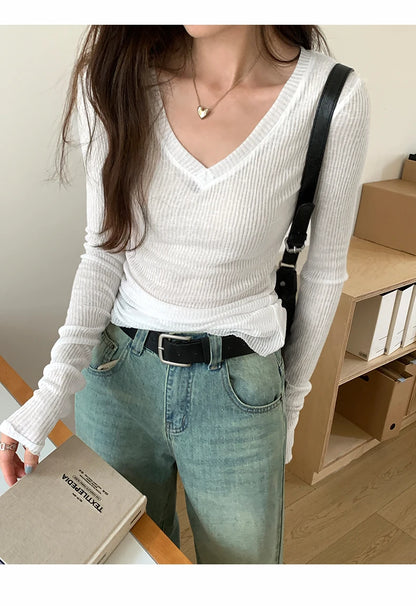 Autumn Sexy Classic V-neck Knitted Female T-shirts New Elastic Fashion Slim Simple Casual Pure Color Long Sleeves Women T-shirts