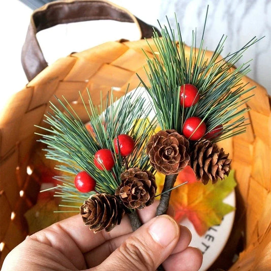 10Pcs Christmas Mini Pinecones Pine Needles Branches with Artificial Red Berry Stems for Xmas Tree Garland DIY Craft Gifts Decor