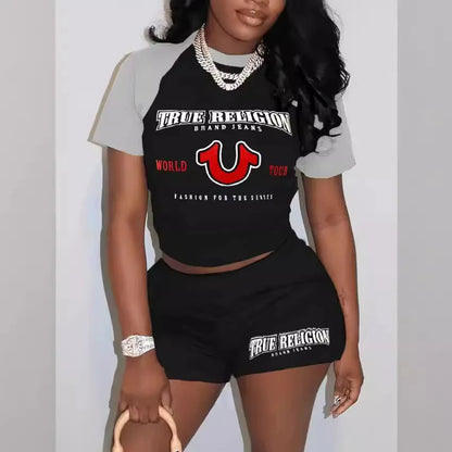Short Sleeve Crop Tops Casual Biker Shorts Matching Set 2025 Summer Print Fitness Workout Tracksuits 2 Piece Sets Woman Outfits