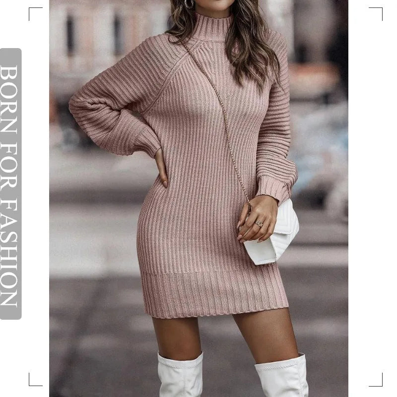 Vintage Winter Knitted Dress Ladies Chic Turtleneck Lantern Long Sleeve Mini Sweater Dresses for Women New Arrival 2023 Clothes