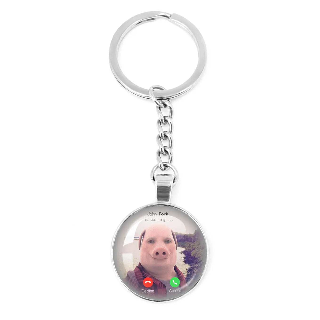New John Pork Is Calling Answer Call Phone Humor Funny Pig Lover Graphic Meme Glass Dome Pendant Cabochon Keychain Jewelry Gifts