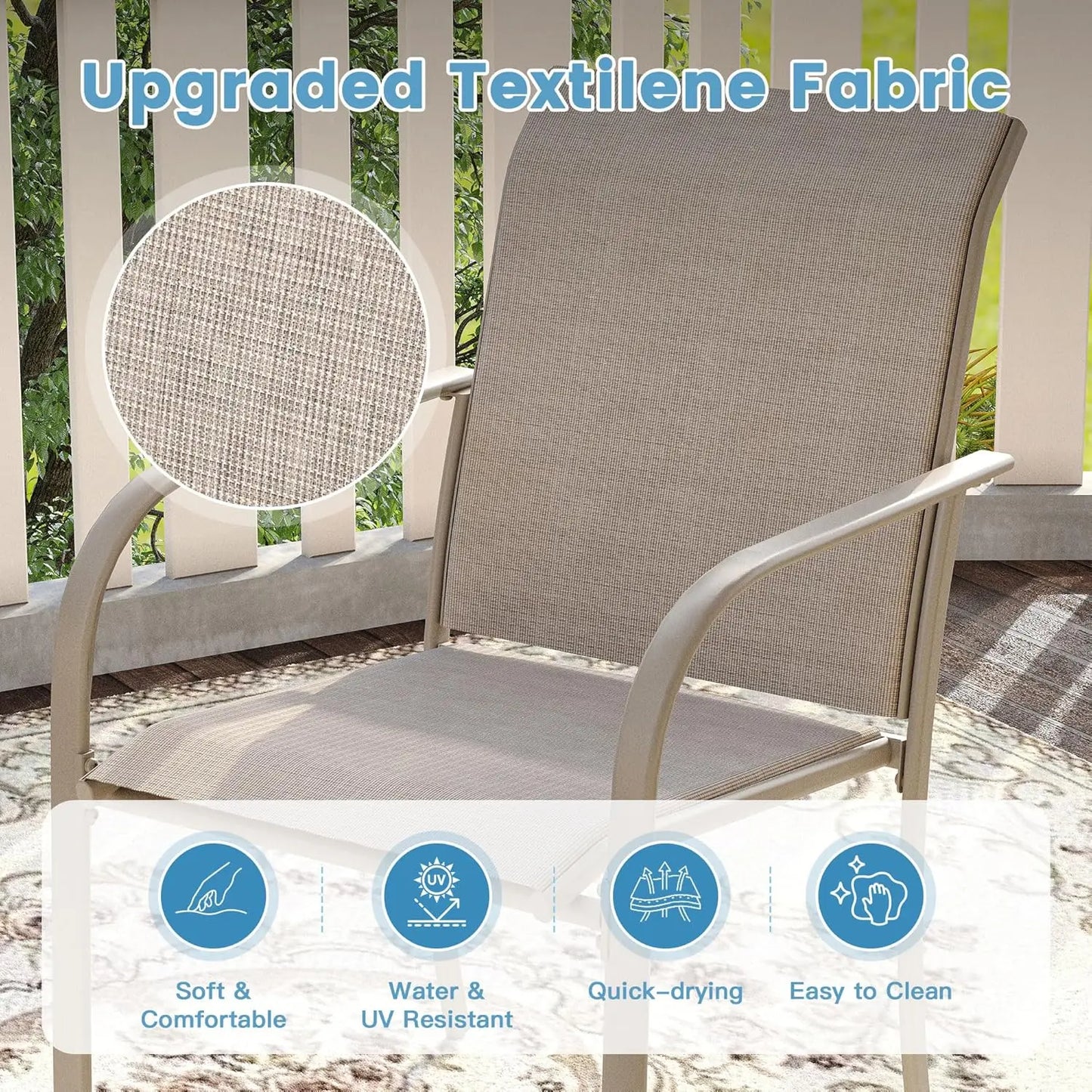 7-piece outdoor patio dining set, sand-shell rectangular metal dining table and 6 sand-shell stackable harness-top dining chairs