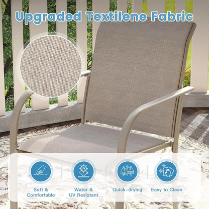 7-piece outdoor patio dining set, sand-shell rectangular metal dining table and 6 sand-shell stackable harness-top dining chairs