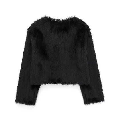 HH Women Winter Fashion Artificial Fur Effect Short Jacket Coats Female O-Neck Vintage Long Sleeve Loose Warm Top Streetwear