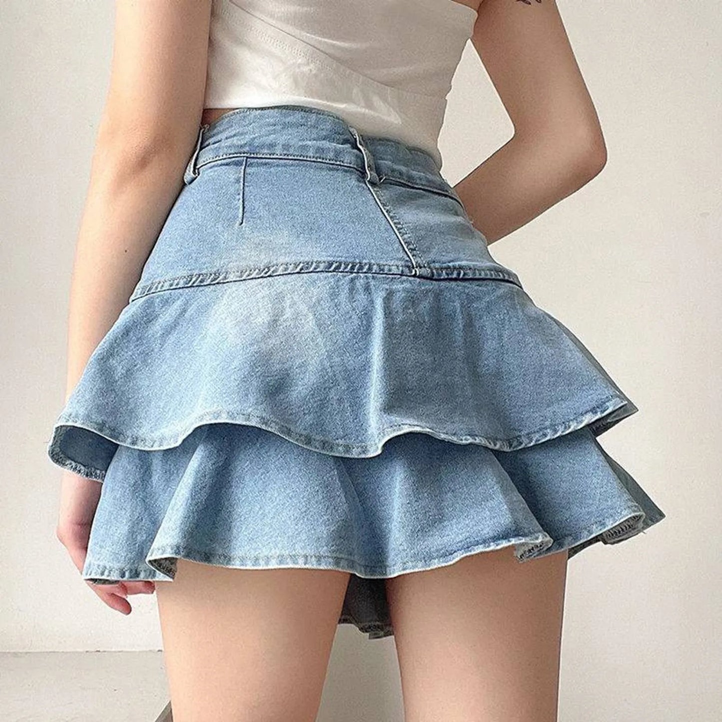 Y2k Skirt Women Ruffles Double Layer High Waisted Light Blue Denim Skirt JK Uniforms Irregular Curved Streetwear Korean Skirt