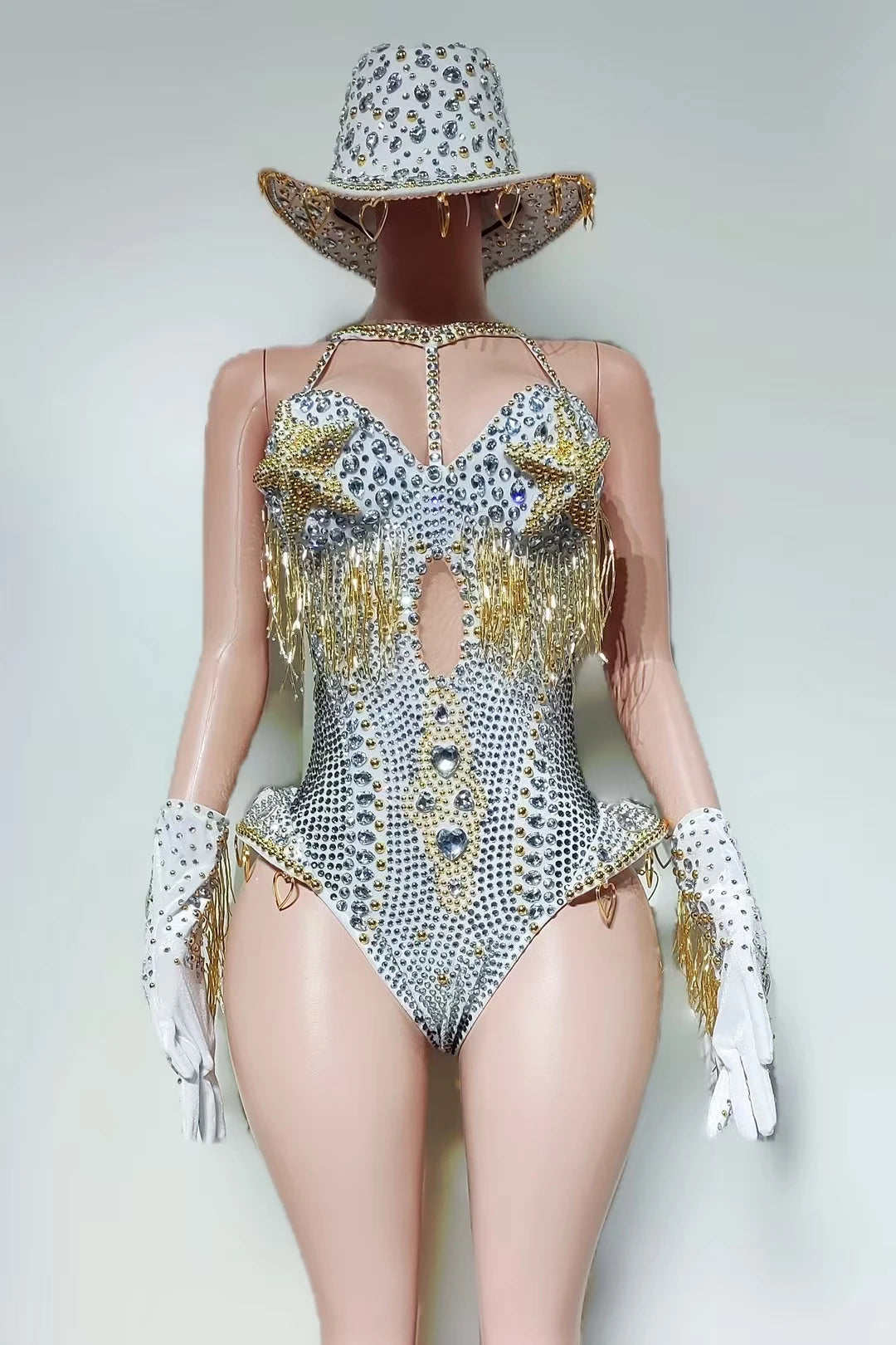 Women Sparkly Rhinestone Red Bodysuit 4Pieces Set Nightclub Party Stage Show Outfit Cabaret Carnival Showgirl Sexy Wear Hongding