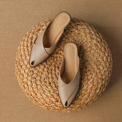 2024 Summer Slippers Women Genuine Leather Shoes for Women Pointed Toe Low Heel Mules Elegant Sandals Women Slides Ladies Shoes