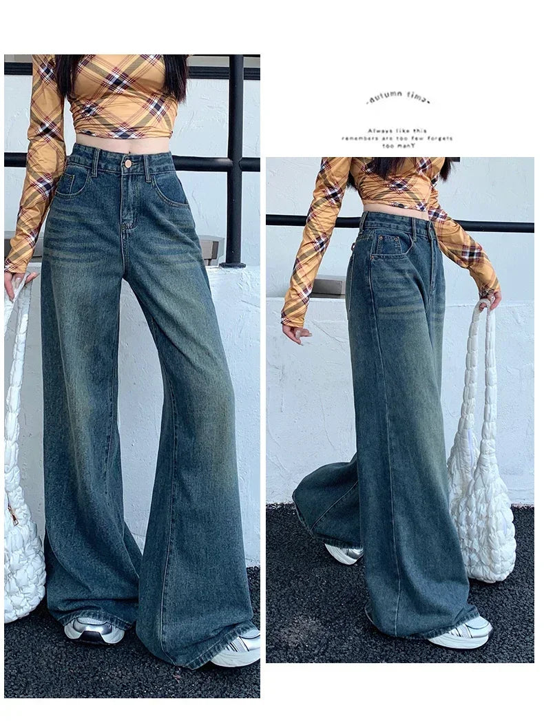 Women's Jeans Denim Pants 2025 Euramerican High Waist Girl Style Jean Trousers Colorful Straight Leg Wide Leg Pants