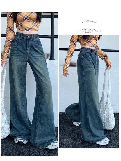 Women's Jeans Denim Pants 2025 Euramerican High Waist Girl Style Jean Trousers Colorful Straight Leg Wide Leg Pants