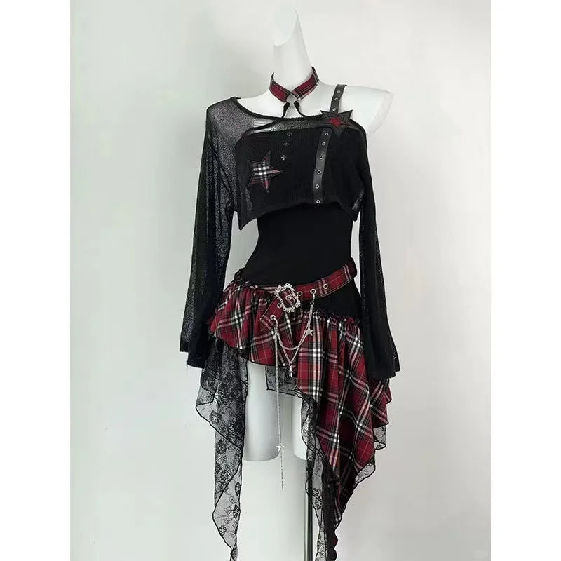 Gothic Harajuku 2 Piece Sets Womens Vintage Y2k Crop Top Blouse + Black High Waist Retro Skirt Belt Party Vintage Sets Chic