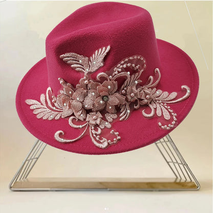Embroidered three-dimensional flower fedora hat Women's jazz top hat Spring and autumn panama church fashion elegant wedding Hat