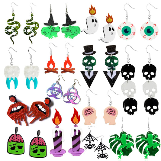 Colorful Halloween earrings for women featuring ghosts, witches, skulls, and spooky designs