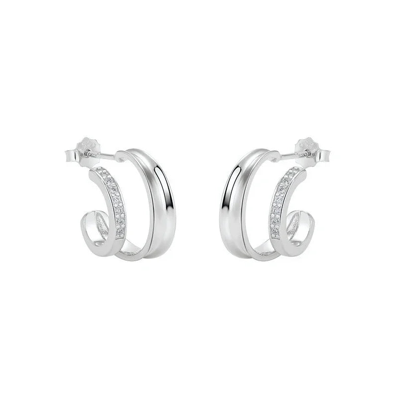 925 Sterling Silver Ear Needle Vintage C Shape Earrings For Women Triple Open Circle Piercing Stud Earrings Fashion Jewelry