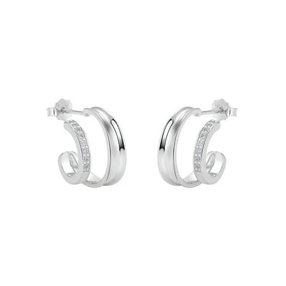 925 Sterling Silver Ear Needle Vintage C Shape Earrings For Women Triple Open Circle Piercing Stud Earrings Fashion Jewelry