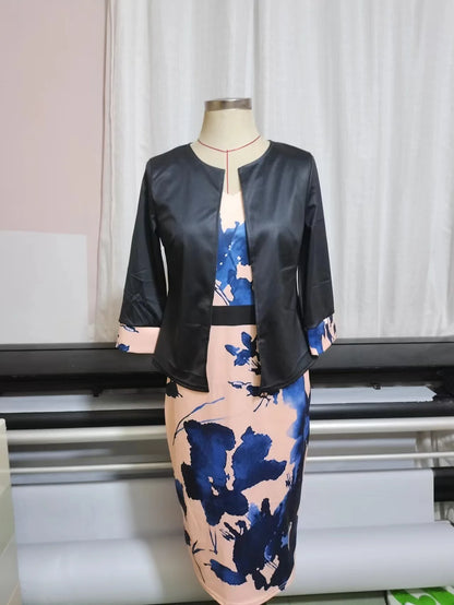 Female Suit 2024 Spring Autumn New Solid Three Quarter Sleeve Top And Floral Print Package Hip Dress Two Piece Sets Fashion Suit