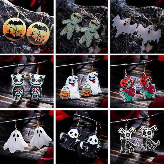 Assorted Halloween earrings for women featuring bats, mummies, ghosts, and more designs