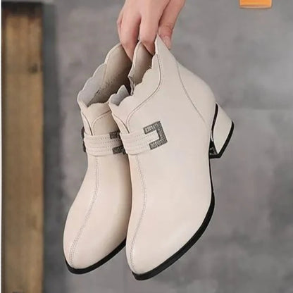 2025 Fashion Genuine Leather Ankle Boots Women Thick Heels Zipper Pointed Toe Autumn Winter Woman Shoes Soft Sole Short Boots