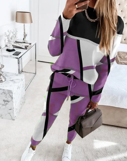 Autumn Winter Fashion Sports Style Two Piece Set Women Casual Printing Long Sleeve Tshirt Pants Two Piece Set Women