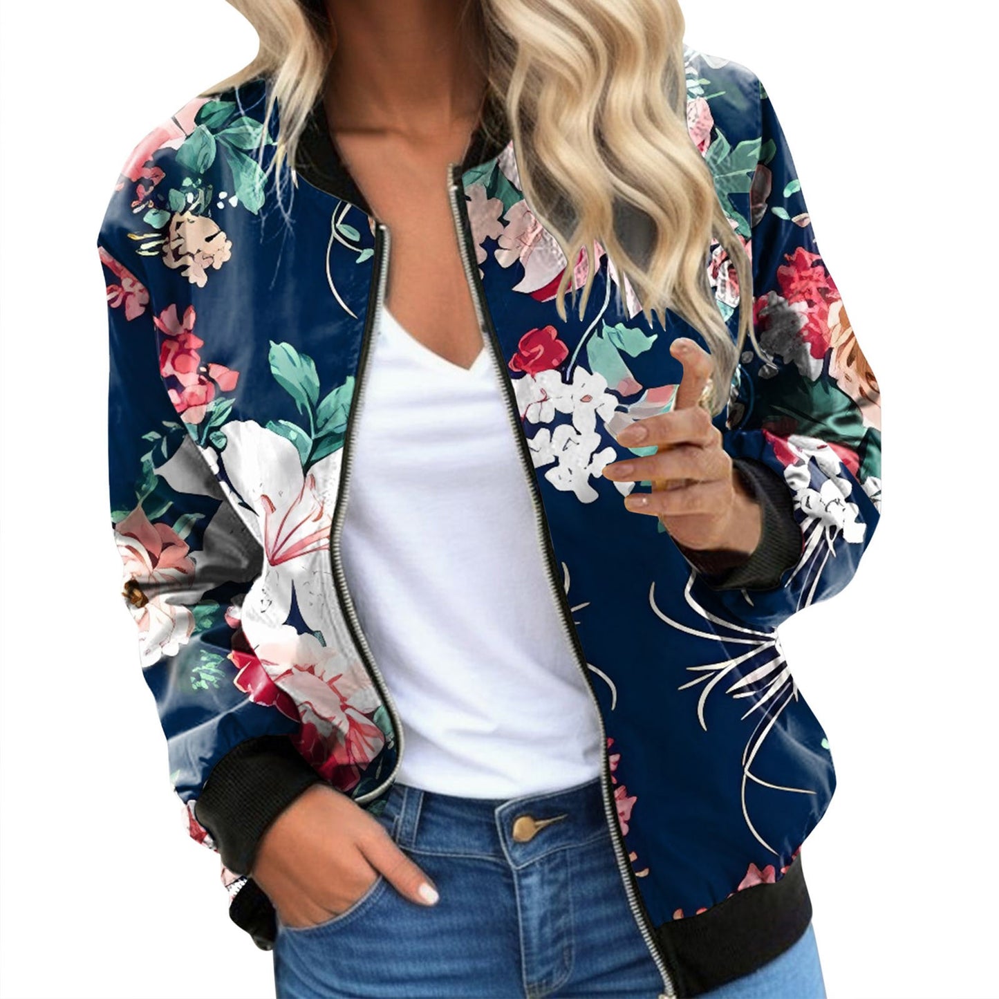 Vintage Floral Printed Jackets for Women Elegant Zipper Bomber Jacket Spring Autumn Office Wear Slim Jackets Coat Retro Outwear