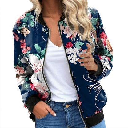 Vintage Floral Printed Jackets for Women Elegant Zipper Bomber Jacket Spring Autumn Office Wear Slim Jackets Coat Retro Outwear