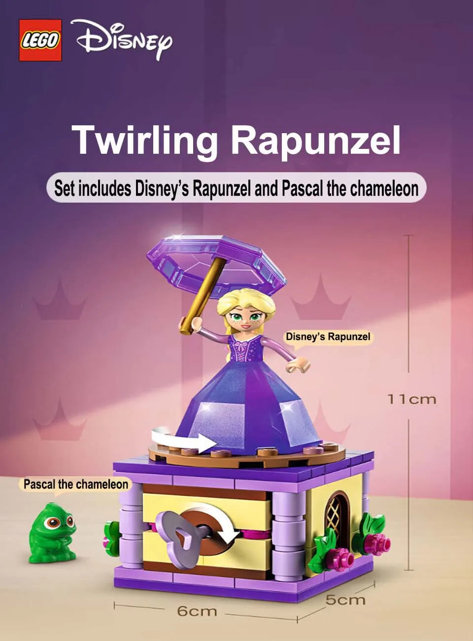 LEGO 43214  Disney Princess Twirling Rapunzel  Building Toy with Diamond Dress Mini-Doll and Pascal The Chameleon Figure