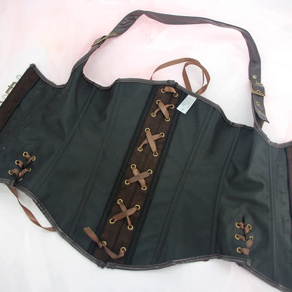 Brown Suede Corset Top with PU Leather Gothic Steampunk Bustier Lace Up Slim Waist Shapewear Women Halloween Cosplay Costume