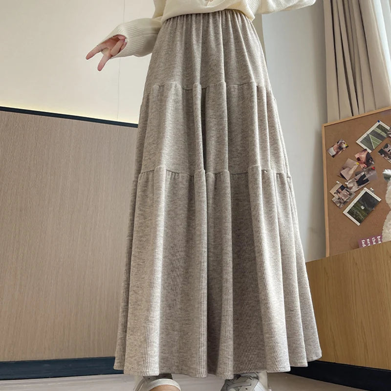 Autumn Casual Knit Pleated Skirt for Women Elegant Solid Color A Line Long Skirts Korean Streetwear High Waist Patchwork Skirt