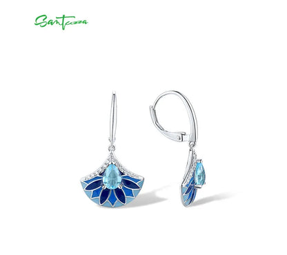 SANTUZZA Authentic 925 Sterling Silver Drop Earrings For Women Sparkling White CZ Blue Stone Fan Shape Chic Party Fine Jewelry