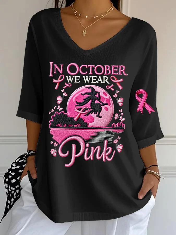 EtherealBe women's Halloween graphic t-shirt with witch silhouette and pink breast cancer awareness ribbon