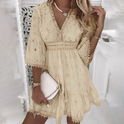 Summer Boho White Dresses for Women Lace Hollowed Crochet Cotton Dress Lady Beach Sundress Short Sleeve Loose A Line Dress Robe