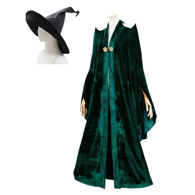 School of Witchcraft and Wizardry Professor Minerva McGonagall Cosplay Costume Dress Green Cloak Velvet Robe Halloween Costumes