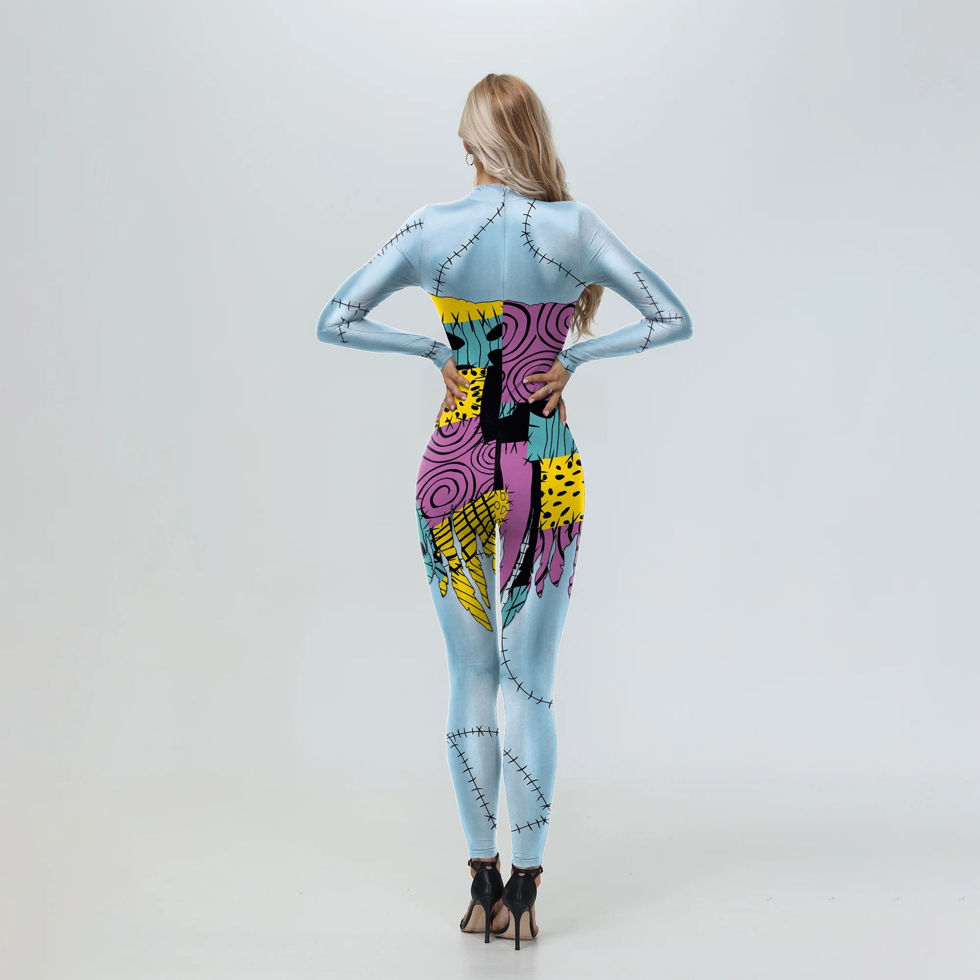 Back view of Nightmare Before Christmas Sally cosplay costume in blue with colorful patchwork design