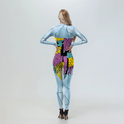 Back view of Nightmare Before Christmas Sally cosplay costume in blue with colorful patchwork design