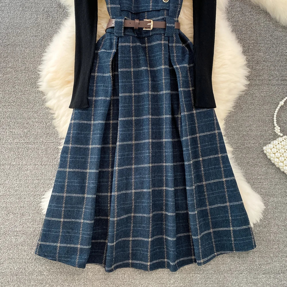 High Quality Fall Winter Women Sweater Overalls Dress Sets Casual Knitted Tops +Plaid Woolen Dress 2 Piece Sets Outfits Female