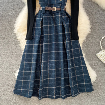 High Quality Fall Winter Women Sweater Overalls Dress Sets Casual Knitted Tops +Plaid Woolen Dress 2 Piece Sets Outfits Female