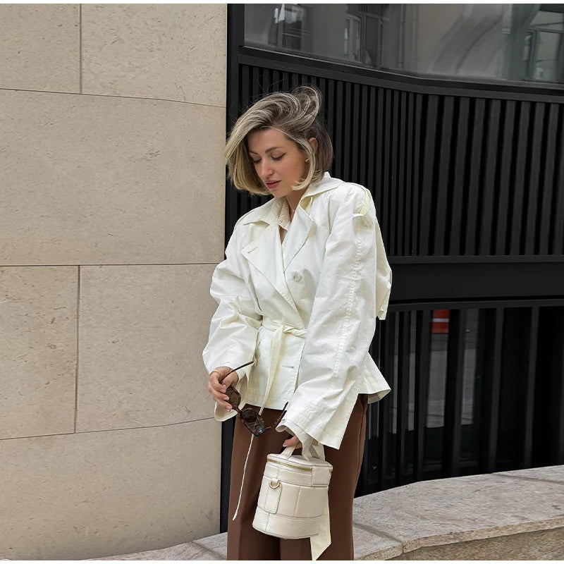 Belted Waist Cropped Trench Double Breasted Stand Collar 2025 Autumn Chic Elegant Women Coat Casual Vintage Office Lady Jacket