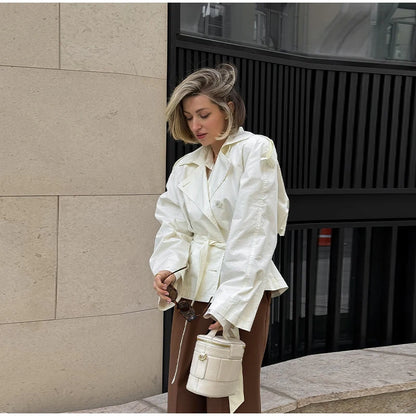 Belted Waist Cropped Trench Double Breasted Stand Collar 2025 Autumn Chic Elegant Women Coat Casual Vintage Office Lady Jacket