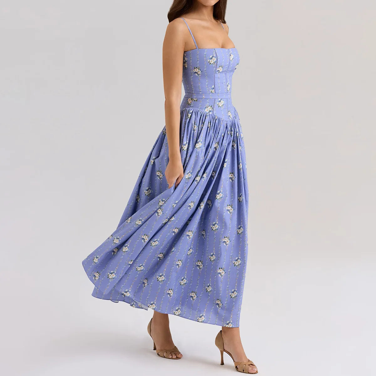 Mingmingxi Summer Floral Print Dress Elegant 2025 New Arrivals Spaghetti Strap Flare Dress Maxi Holiday Party Dresses Women