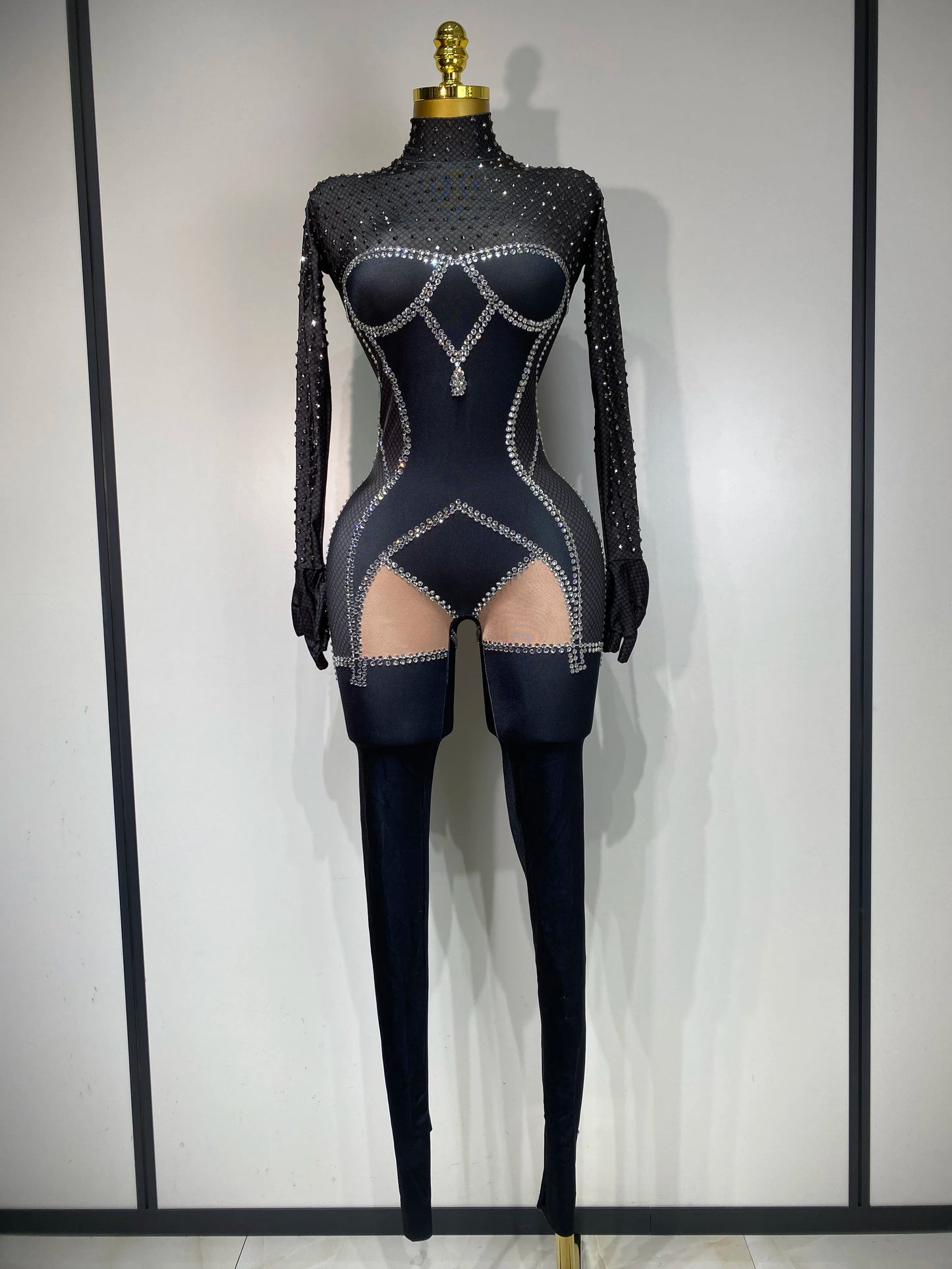 STOCK Sparkly Diamond Women Sexy Mesh Jumpsuit Nightclub Bar Party Show Gogo Dancer Clothing Drag Queen Outfit Stage Costume