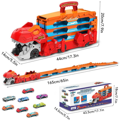 VATOS Dinosaur Transport Truck Car Toy 2 in 1 Ejection Folding Track Toys with Sound, Portable Truck Car Toy with 8 Race Cars