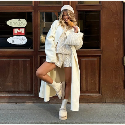 White Cable Knit Argyle Hooded Co-ord Set Long Sleeve Sweater Bodycon Shorts 2025 Cozy Retro Women Sets Daiy Casual Lady Outfit