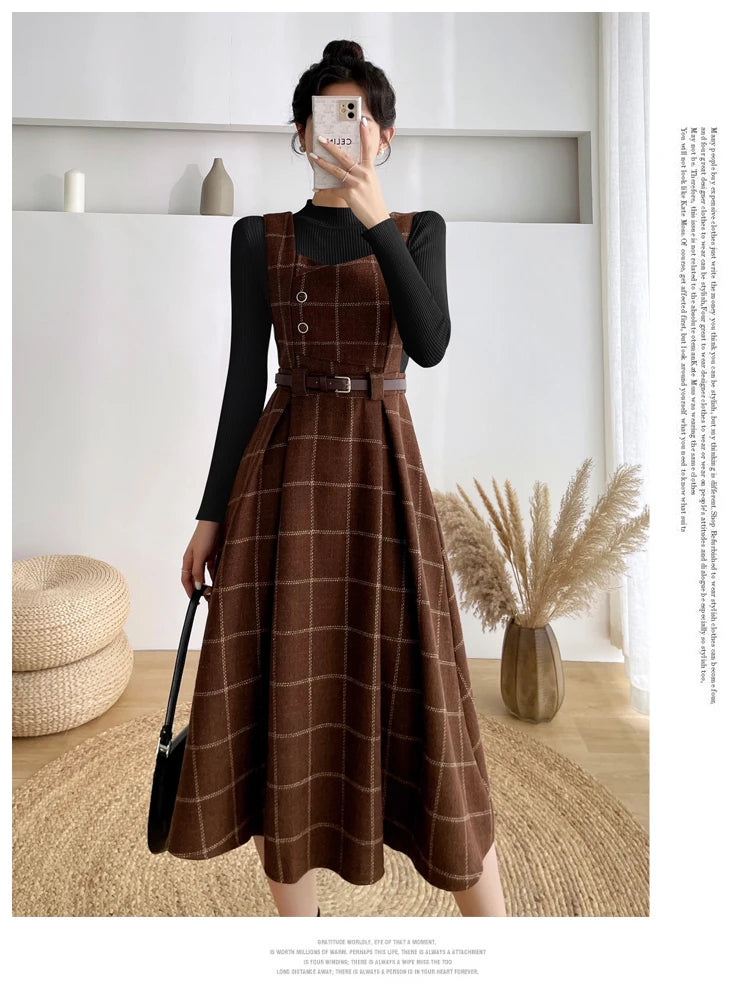 High Quality Fall Winter Women Sweater Overalls Dress Sets Casual Knitted Tops +Plaid Woolen Dress 2 Piece Sets Outfits Female