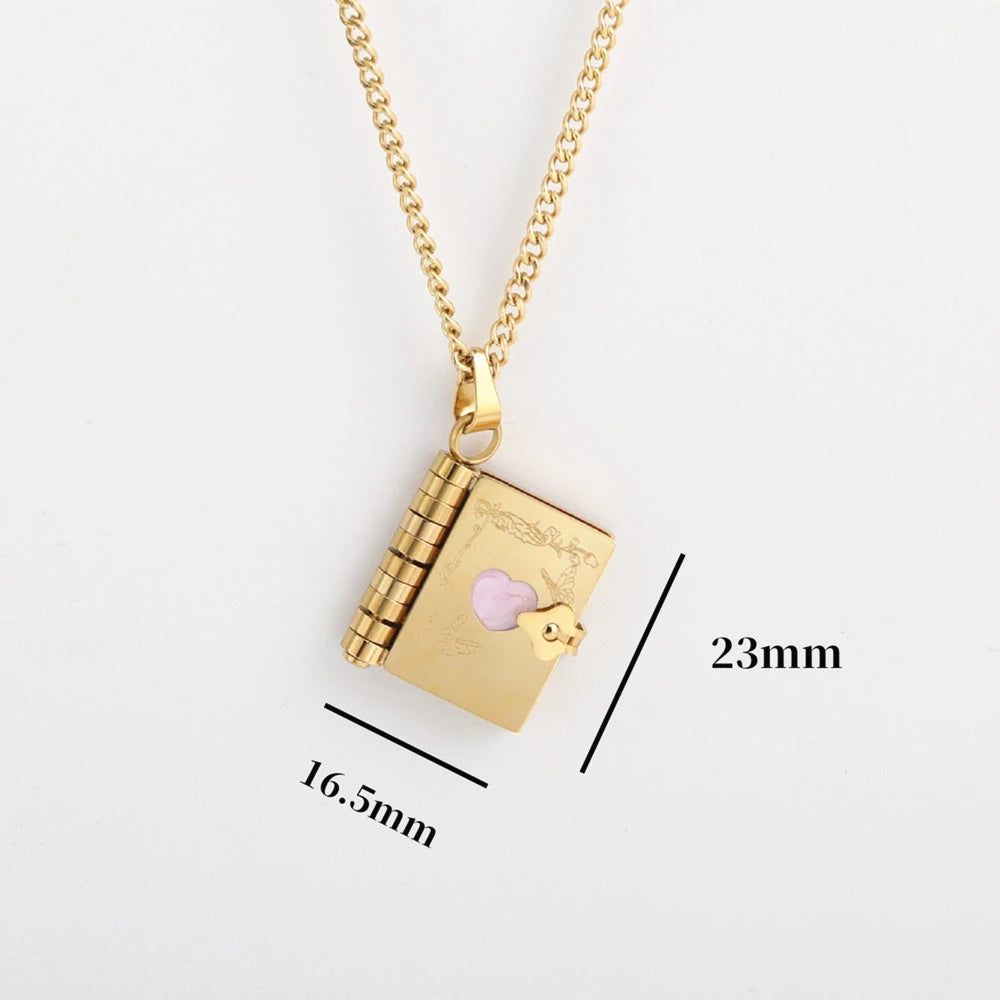 Book Lovers Necklace Stainless Steel Engraved Openable Book Chain Pendant Necklaces for Women Men Vintage Jewelry Gift